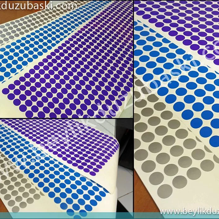 renkli yuvarlak kesimleri, 2 cm çapında renkli etiket kesimi, 3 cm çapında etiket kesimi, renklerden oluşan istenilen ebatta kesilen işaretleme etiketi, dış mekan dayanıklı kaliteli etiket kesimleri