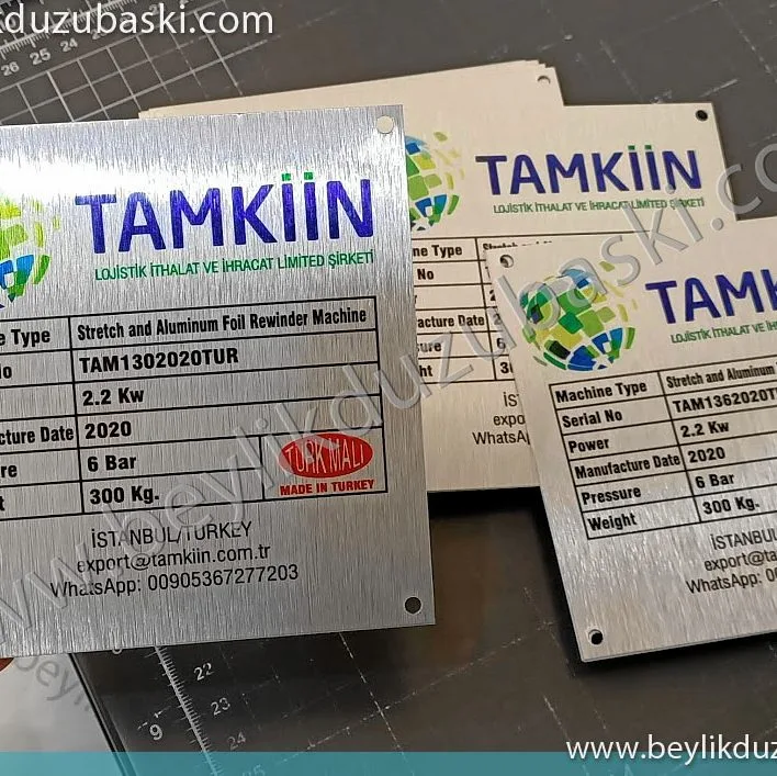 tamkiin makine etiketi, alüminyum makine tanıtım levhası, acil alüminyum levhalar hazırlanmaktadır, beylikdüzü acil metal plaka baskılari