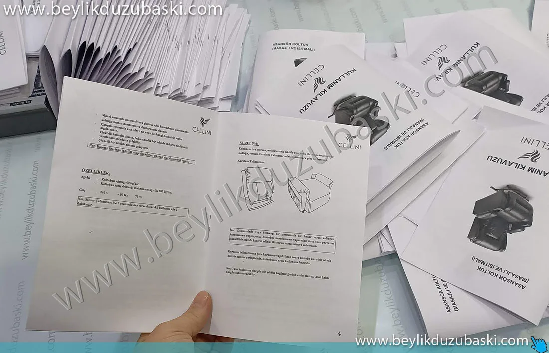 Kullanım klavuzu basksı, A4 ve A5 ebadında kullanım klavuzu, A6 ebadında siyah beyaz kullanım klavuzu baskısı