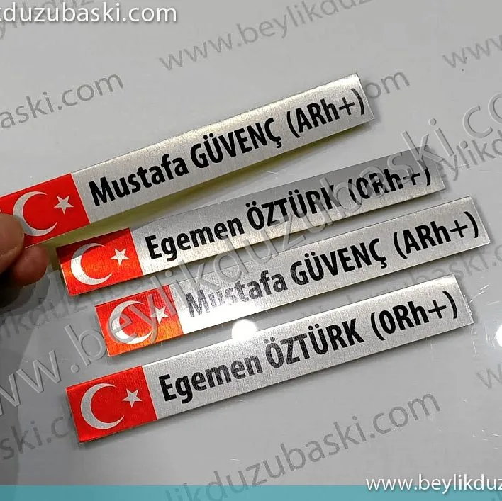 kan grubu, metal plaka baskısı, araç üzerine, motosiklet üzerine, iş makinaları üzerine, baskılı metal etiket, kalıcı, çıkmaz, kazınmaz, deforme olmaz, acil üretim