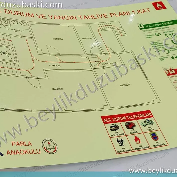 parla ana okulu, için yapılan, acil durum, yangın tahliye planı, yönetmeliklere uygun, fosforlu tabela, baskısı