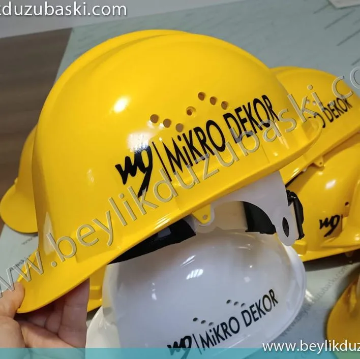 mikro dekor için yapılan, baret baskısı, baskılı baret, sarı baret, beyaz baret, ayarlı baret, isim ve logo baskılı baret, kaliteli baret baskıları, acil üretim aynı gün gönderim
