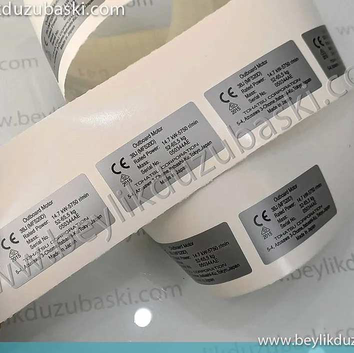 tohatsu outboard motor etiketi, gümüş etiket, dış mekan dayanıklı etiket, kaliteli gümüş etiket baskısı, acil folyo etiket üretimi