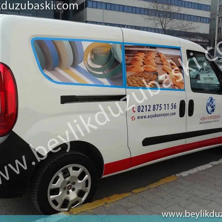 Ekmek taşıma bantları üreten, Asya konveyör firması için, tasarım ve baskısı yapılan, Fiat Doblo kapalı kasa, araç giydirme örneğidir, Tasarım, baskı ve uygulama firmamızda yapılmaktadır