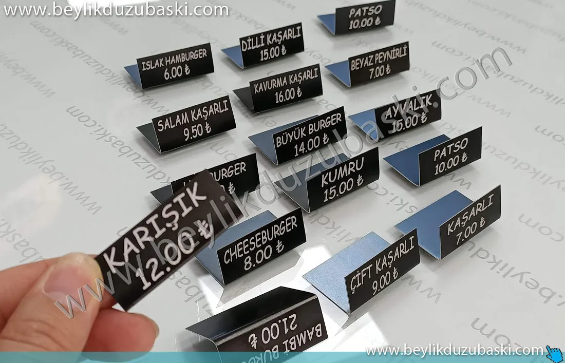 vitrin için fiyat yazılı, metal fiyatlık, ürün yanına fiyat konulması için yapılan, fiyatlı metal plaka, acil plaka, aynı gün kargo, ürün ismi ve fiyatı yazılı, metal plaka üretimi