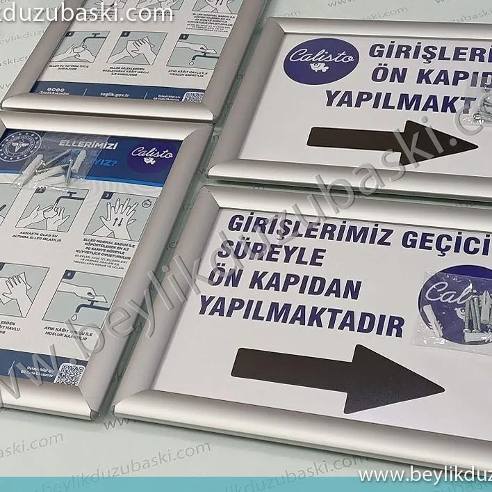 calisto restoran için yapılan baskılar, A4 alüminyum çerçeve, içi el yıkama talimat baskılı ürün, açılır kapanır A4 ve A3 ebadında çerçeveler,