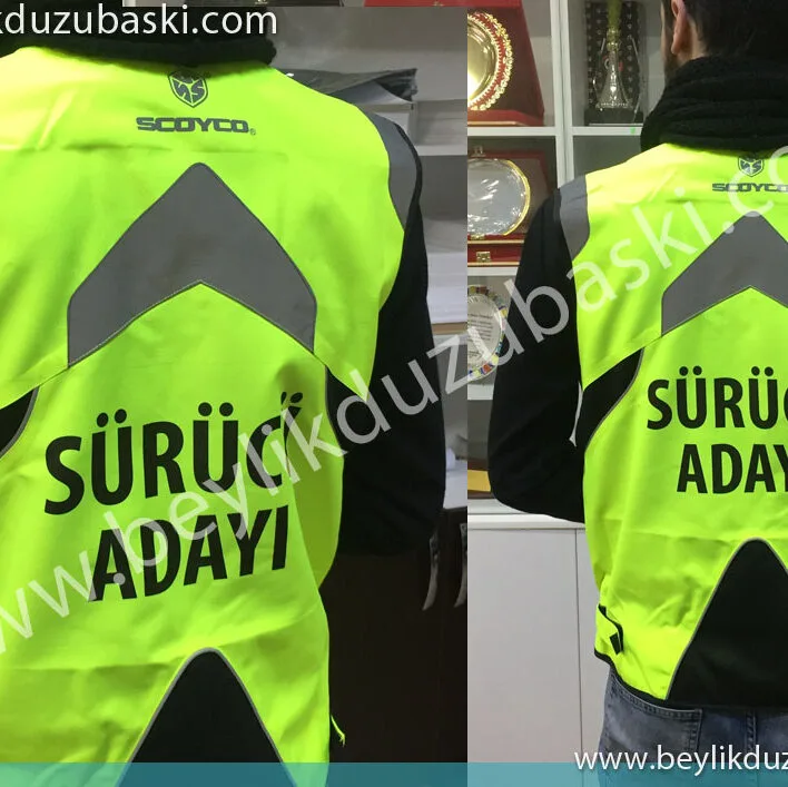 Sürücü yelek, sürücü adayı yelek, baskılı sürücü adayı yeleği, kaliteli baskılı, hızlı üretim, aynı gün kargo, fosforlu, reflektörlü, sürücü yeleği