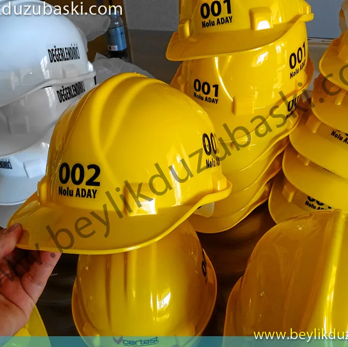 etiket baskılı, baret, aynı gün teslim, logolu, isim ünvan, bayrak ve kan grubu baskılı, güvenlik bareti, inşaat baret baskılı