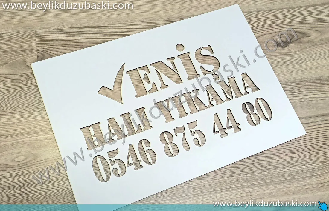 boyama şablon kesimi, yer ve duvarda kullanılan, boyama şablon kesimi, halıcı için firma isim ve telefon bilgisi içeren, lazerle kesilen, 3mm plastik boyama şablonu boyama şablon kesimi, yer ve duvarda kullanılan, boyama şablon kesimi, halıcı için firma isim ve telefon bilgisi içeren, lazerle kesilen, 3mm plastik boyama şablonu