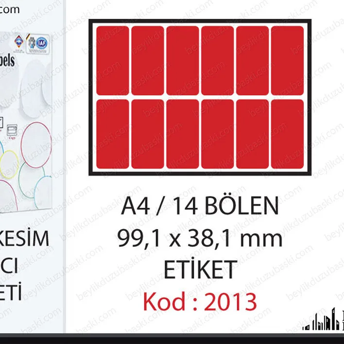 A4 etiket, sayfayı 14 e bölen, etiket, 99x1x38,1mm ebadında etiket, 2013 kod etiket, kırtasiye ürünü, tanex benzeri etiket, her boy etiket mevcuttur, adetli alımlarda fiyat alınız