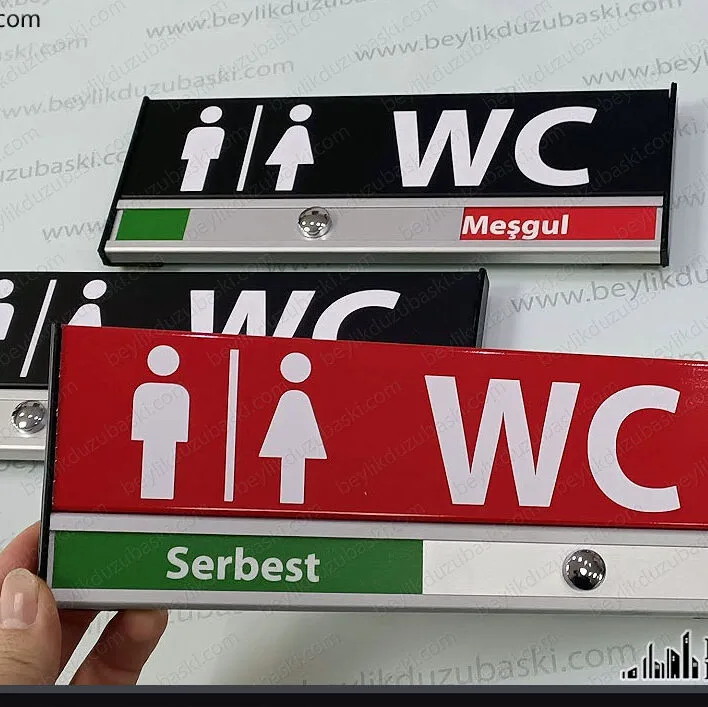 WC sürgülü, serbest meşgul, kapı tabelası, renklendirilmiş kapı isimliği, toplantı odası, kapı tabelası, alüminyum, kaliteli kapı tabelası