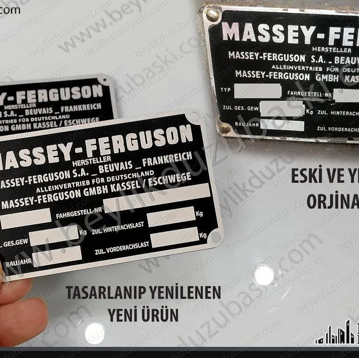Eski model, massey ferguson, traktör, seri numara etiketi, yenisi temin edilemediği için, tekrar tasarlanıp üretilen, metal plaka, tasarım desteği vardır