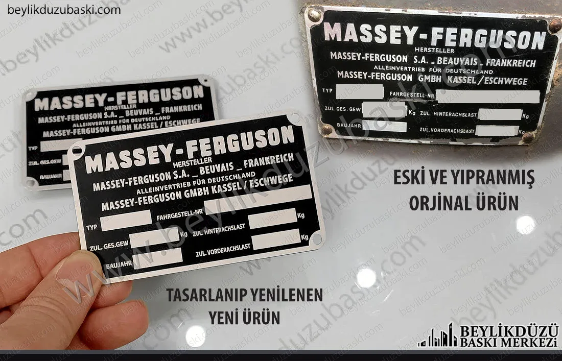 Eski model, massey ferguson, traktör, seri numara etiketi, yenisi temin edilemediği için, tekrar tasarlanıp üretilen, metal plaka, tasarım desteği vardır