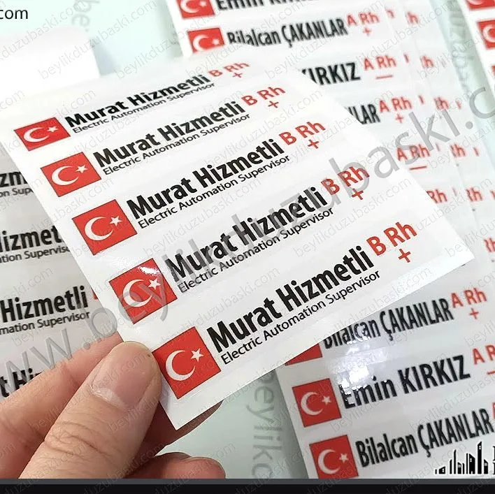baret etiketi, baret için basılan, kan grubu, isim, ünvan, bayrak baskılı etiket, şeffaf etiket, dış mekan dayanıklı ürün, aynı gün kargo, isimler değişken basılabilir