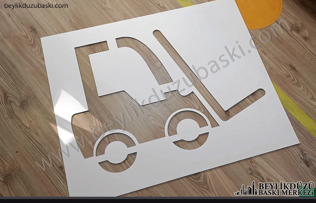 forklift yer boyama şablonu, 90x60 cm ebadında, yer için boyama şablonu, 3 mm plastik malzeme, çok defa kullanılabilir şablon baskı