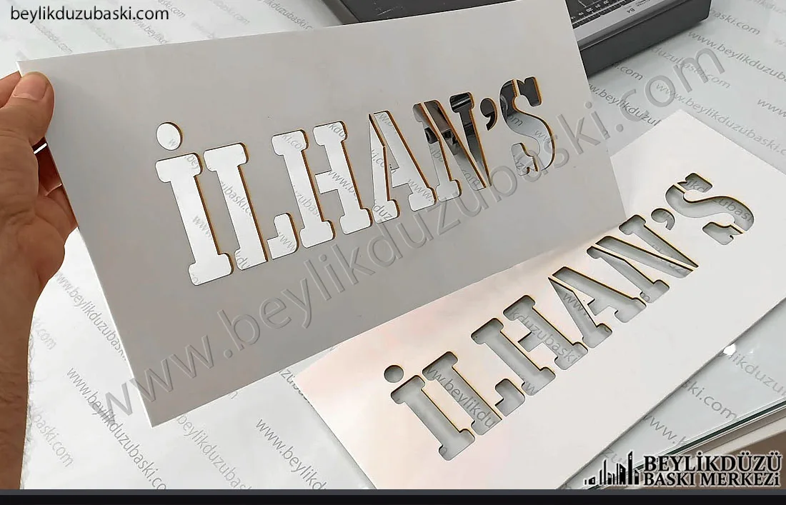 şablon baskı, lazer ile şablon kesimi, hızlı üretim, 3 mm plastik boyama şablonu, tasarım desteği, kaliteli ürün, hızlı kargo, boya şablonu imalat