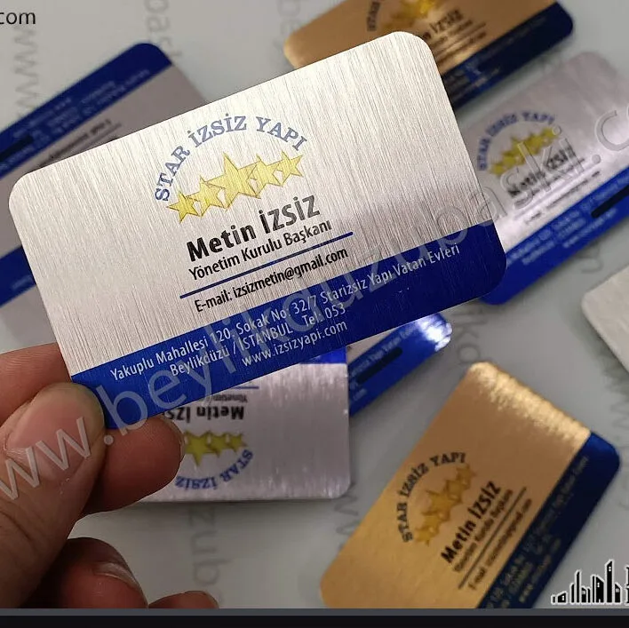 Isszi Yapı metal card printings are produced in silver and gold colors, they are produced as fast cards, they are issued in 1 hour for your urgent demands, quality metal card printing, Quality emergency business cards, metal cards, for real estate agents, vip card printing, card printing for private persons