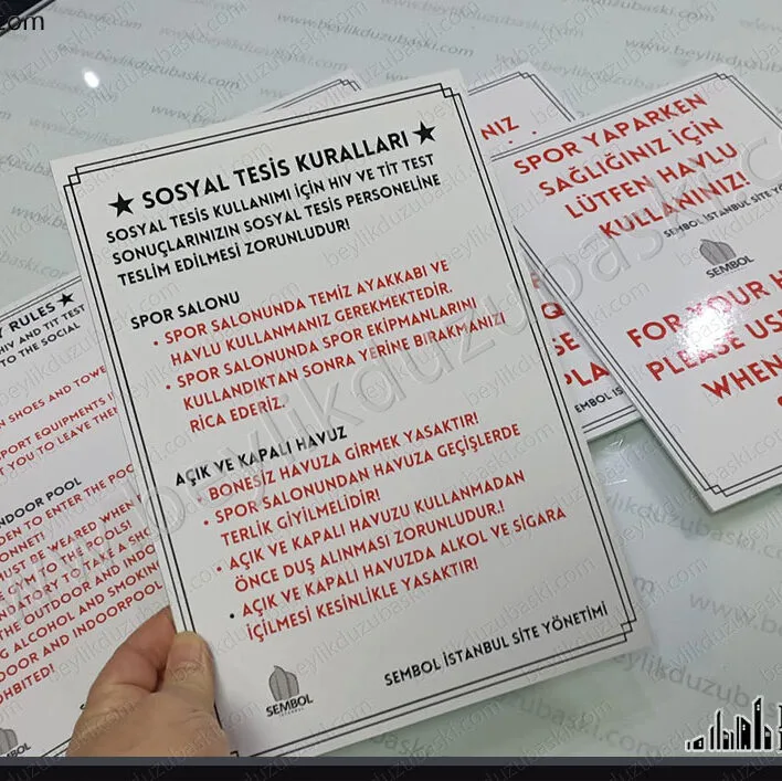 sosyal tesis uyarı levhası, tesis içinde kullanım alanları, uyarı levhası, imalat, türkçe ve ingilizce, kaliteli uyarı levhası, özel tasarım ve ebat