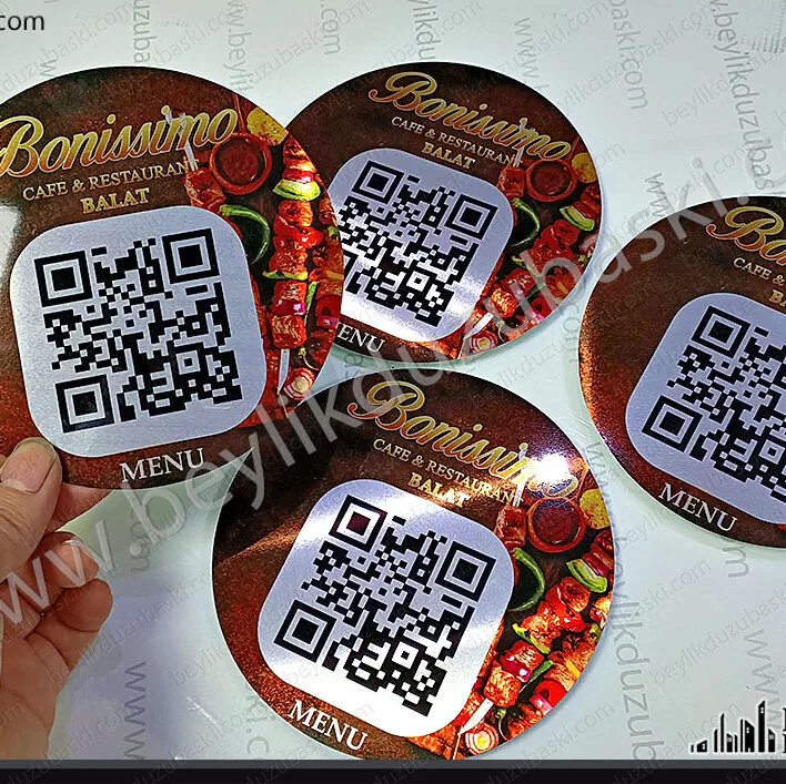 yuvarlak metal baskı, menü qr kod yuvarlak metal baskısı, kalite ürün, restoran menü, metal etiket, yuvarlak baskı