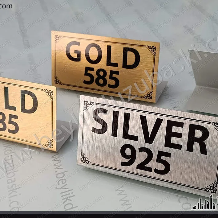 kuyumcu vitrin ürünü, gold 585, silver 925, kuyumcu vitrin için metal plaka baskısı, altın ve gümüş ürünler için, üçgen isimlik, metal plaka üretimi, vitrin yazıları, vitrin etiketi