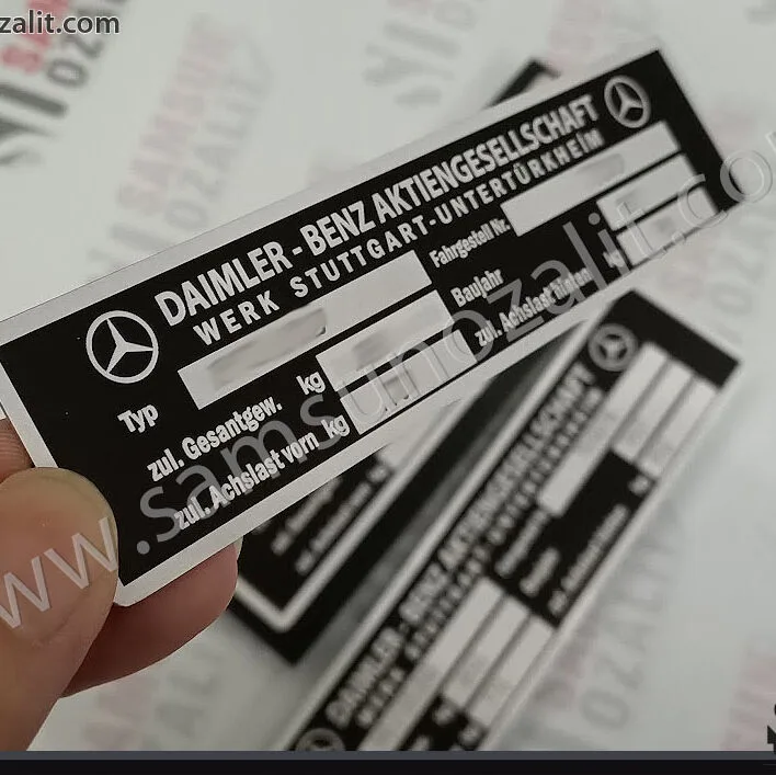 Mercedes chassis engine plate printing, Daimler engine number, for old vehicles, erased and worn engine labels are redesigned in accordance with the original, engine number printed metal, metal plate printing in accordance with the regulations, heat-resistant chassis number manufacturing