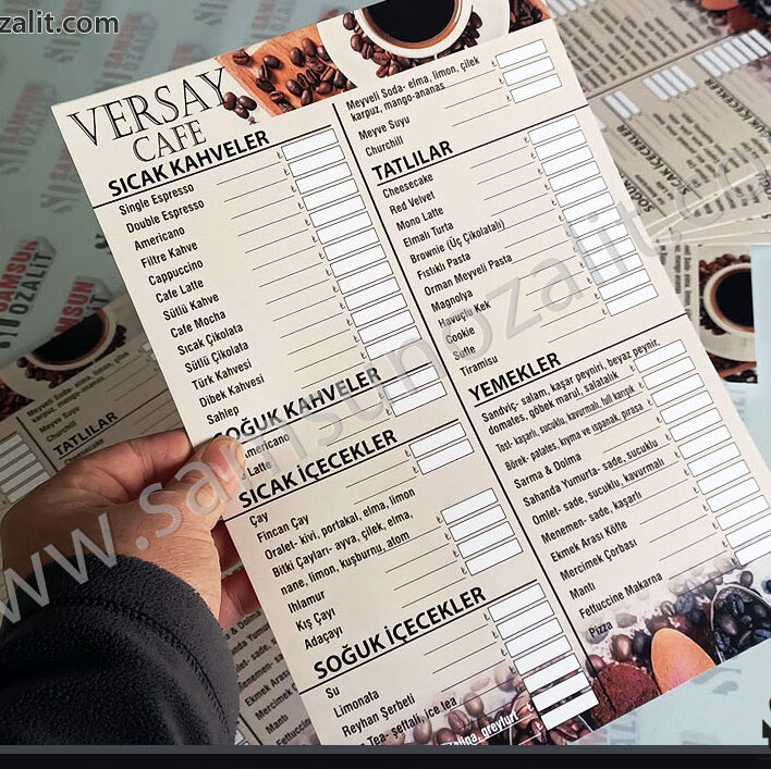 menu printing, menu design, high quality 300 gr coated menu printing, design printing included, menu, price fields are left blank, PVC is made upon request, price varies according to detail