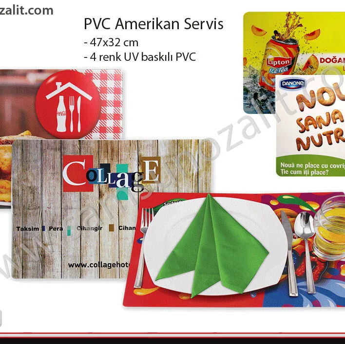 The product is not PVC coating, it is printed directly on PVC, American service, PVC table service, American service, thick PVC product, washable, does not wear out easily, plastic product, wear-resistant American service, American service, PVC product, UV printing, thick, permanent, does not wear out, American service product, printing house printing, vibrant colors, quality product, American service printing, unit cost for production of 1000 units