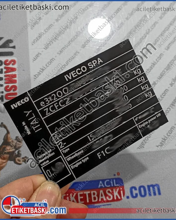 iveco spa kamyon, taşıyıcı, metal bilgi levhası, motor numarası, silinen okunmayan, motor numaraları, aslına uygun ebat ve formlarda, yeniden yapılır, eski araçların etiket yenilmesi, etiket baskı merkezi, muayene için, okunmayan bilgi etiket baskısı, paslanmaz alüminyum, dış mekan dayanıklı