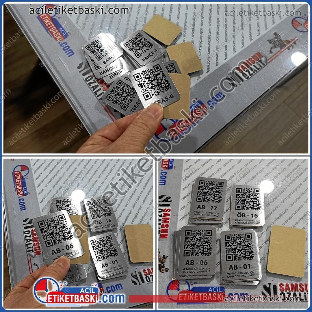 Paslanmaz Metal QR Kod Etiketi – Masa Menü Etiketi, Arkası Bantlı