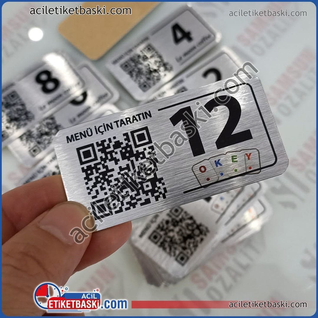 Paslanmaz Metal QR Kod Etiketi – Masa Menü Etiketi, Arkası Bantlı