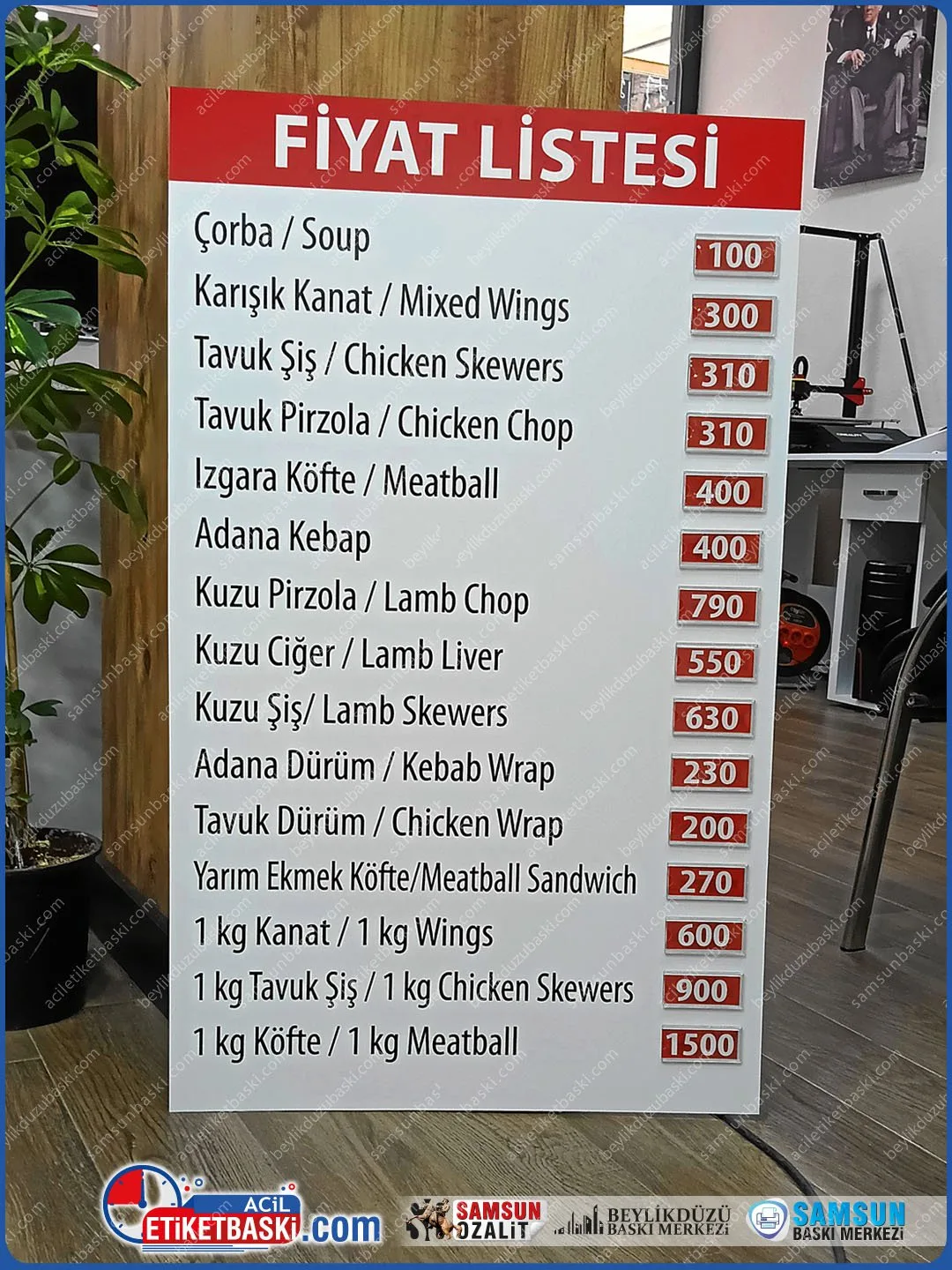 100x60 cm Cepli ve İçeriği Değişebilen Restoran Fiyat Listesi Duvar Tabelası
