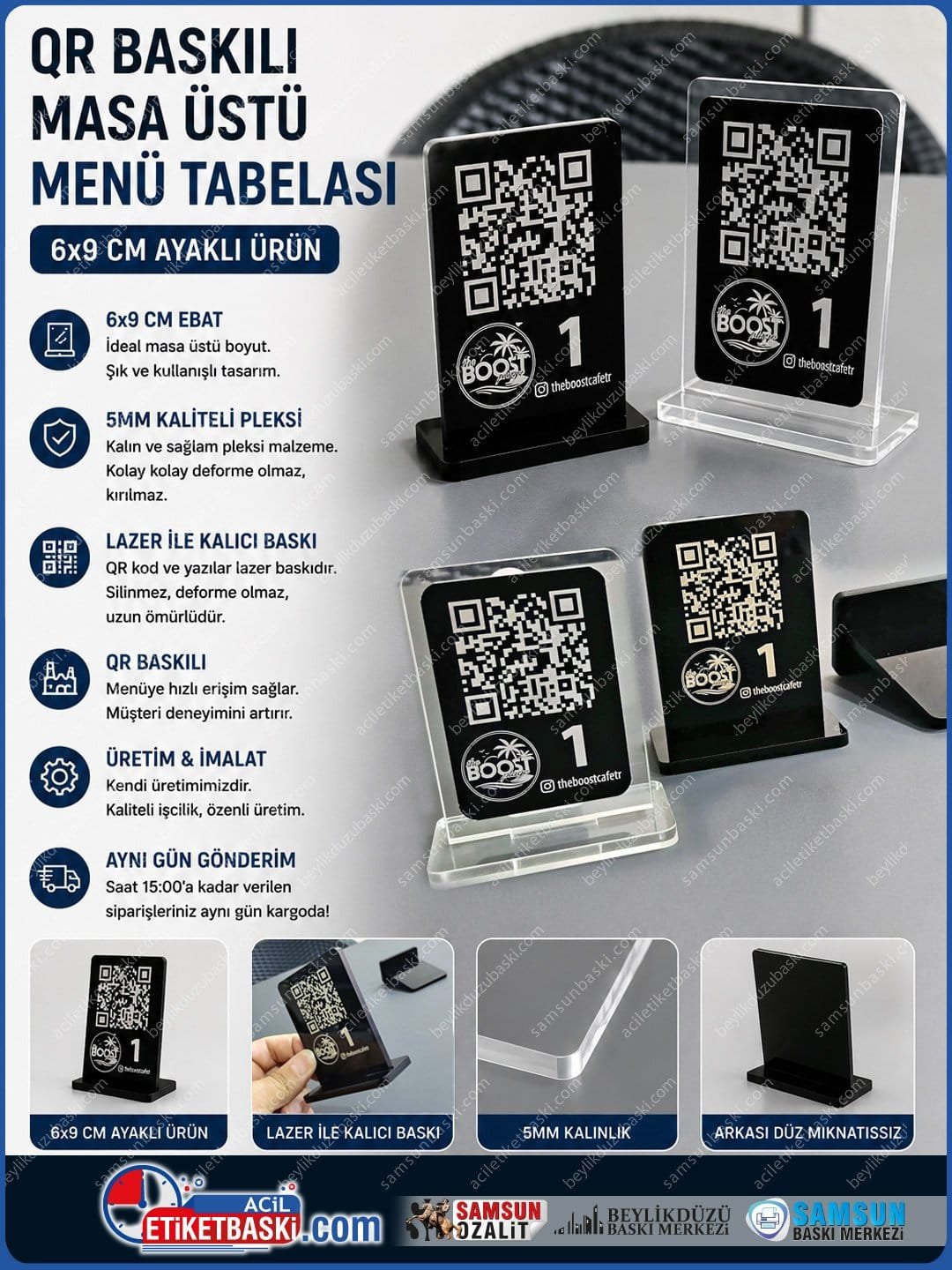 6×9 cm Ayaklı 5mm Pleksi QR Kod Masa Menü Tabelası