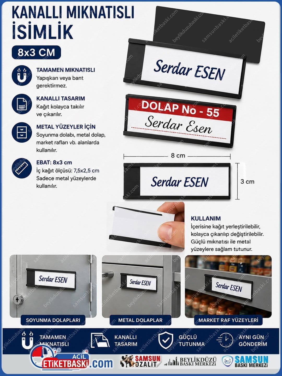 8x3 cm Tamamen Mıknatıslı Kanallı Dolap İsimliği | İçine Kağıt Konulabilir Profil