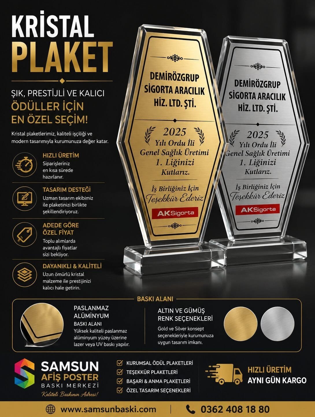 Premium Kristal Plaket | Paslanmaz Alüminyum Baskılı Altın ve Gümüş Konsept