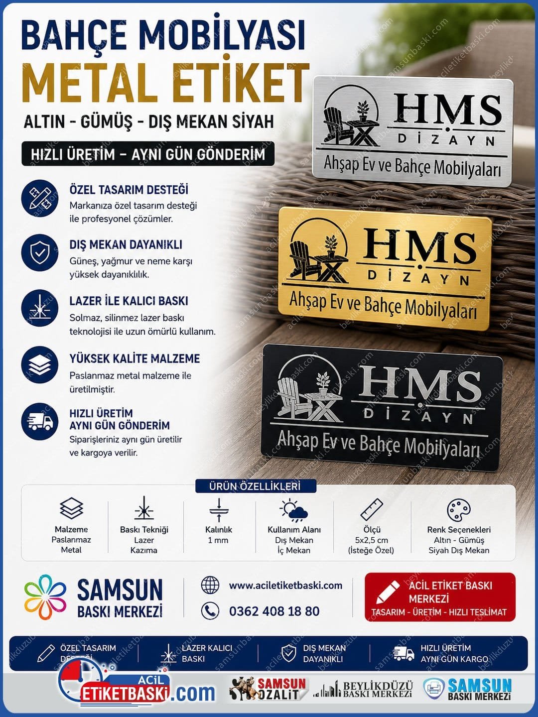 Bahçe Mobilyası Metalik Marka Etiketi | Dış Mekan Dayanıklı Arkası Bantlı Model
