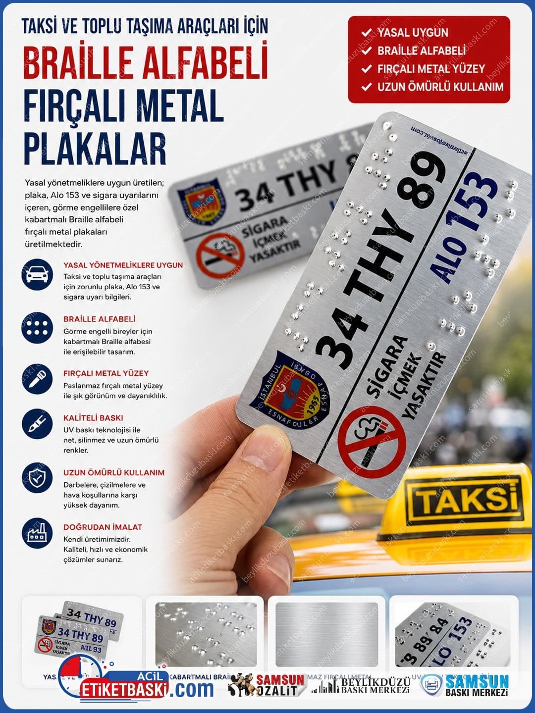 Taksi İçi Görme Engelli Braille Alfabeli Metal Plaka | Kabartmalı Alo 153 ve Uyarı Levhası