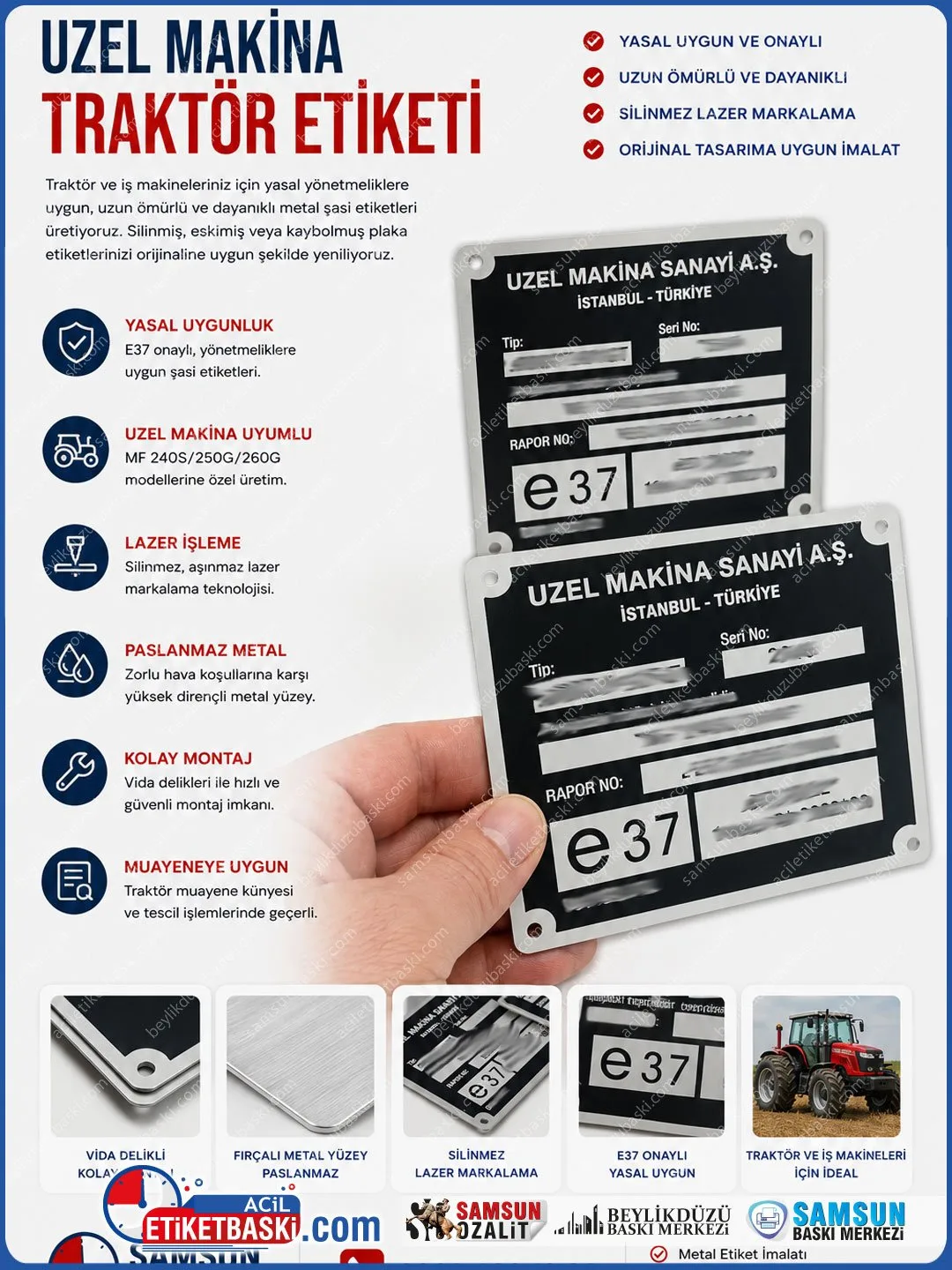 Uzel Makina Massey Ferguson Uyumlu Metal Şasi Etiketi | Traktör Muayene Künye Plakası