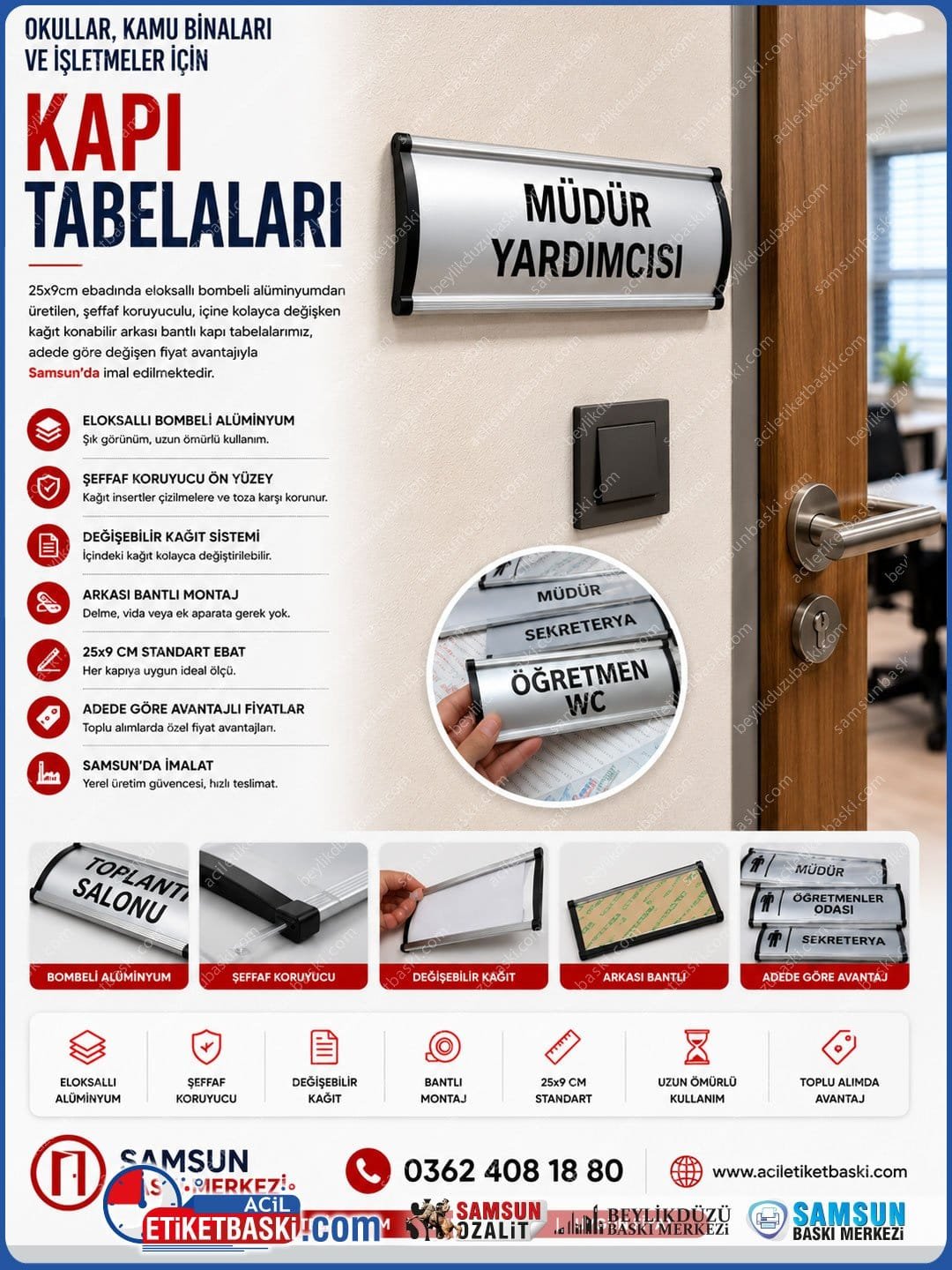 Alüminyum Bombeli Kapı Tabelası | 25x9cm Değişken Kağıt Konabilir Modüler Sınıf ve Derslik Panosu