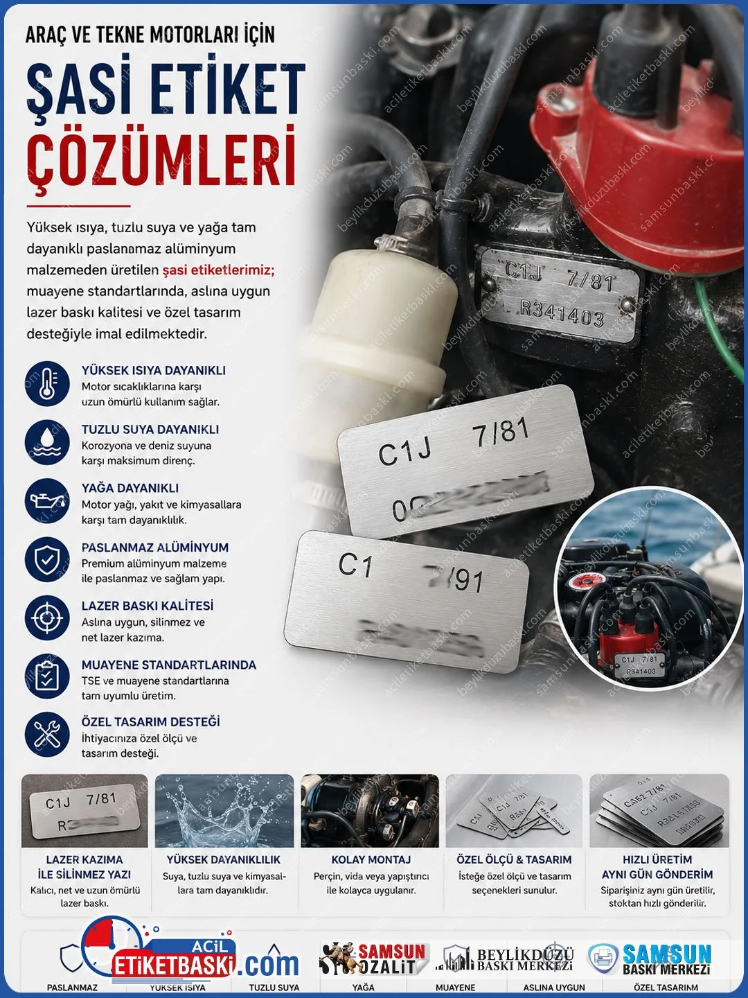 Aslına Uygun Motor Şasi Etiketi | Araç ve Tekne İçin Paslanmaz Alüminyum Lazer Baskı Revizyon Künyesi
