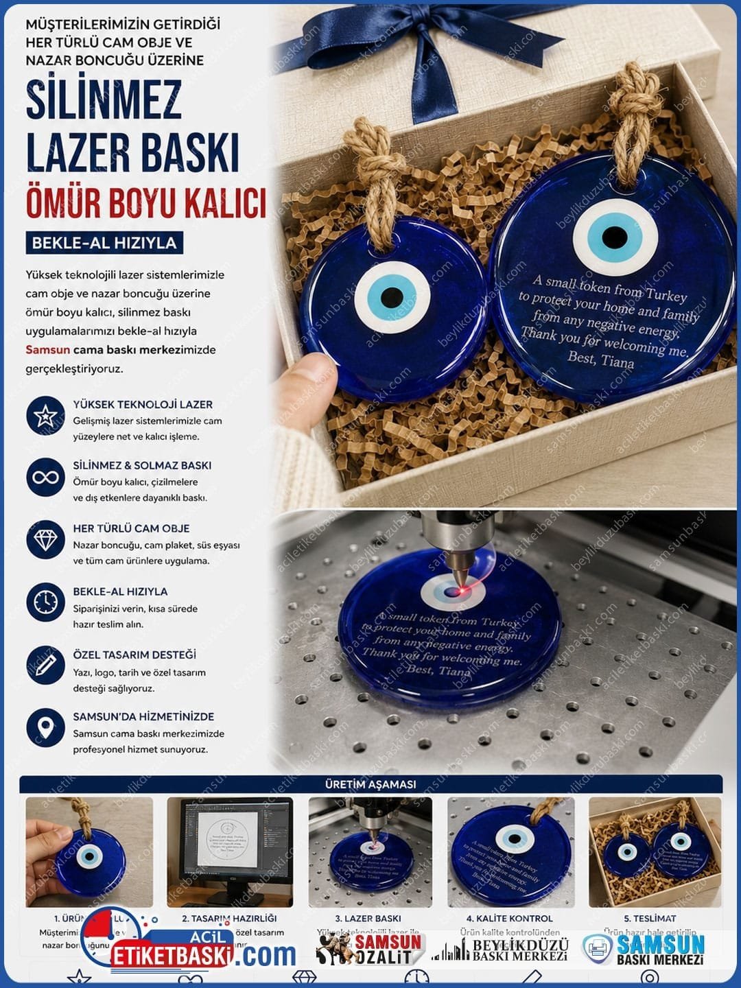 Samsun Cama Baskı Merkezi | Lazer İle Nazar Boncuğuna Kalıcı ve Hızlı Cam Baskı Hizmeti