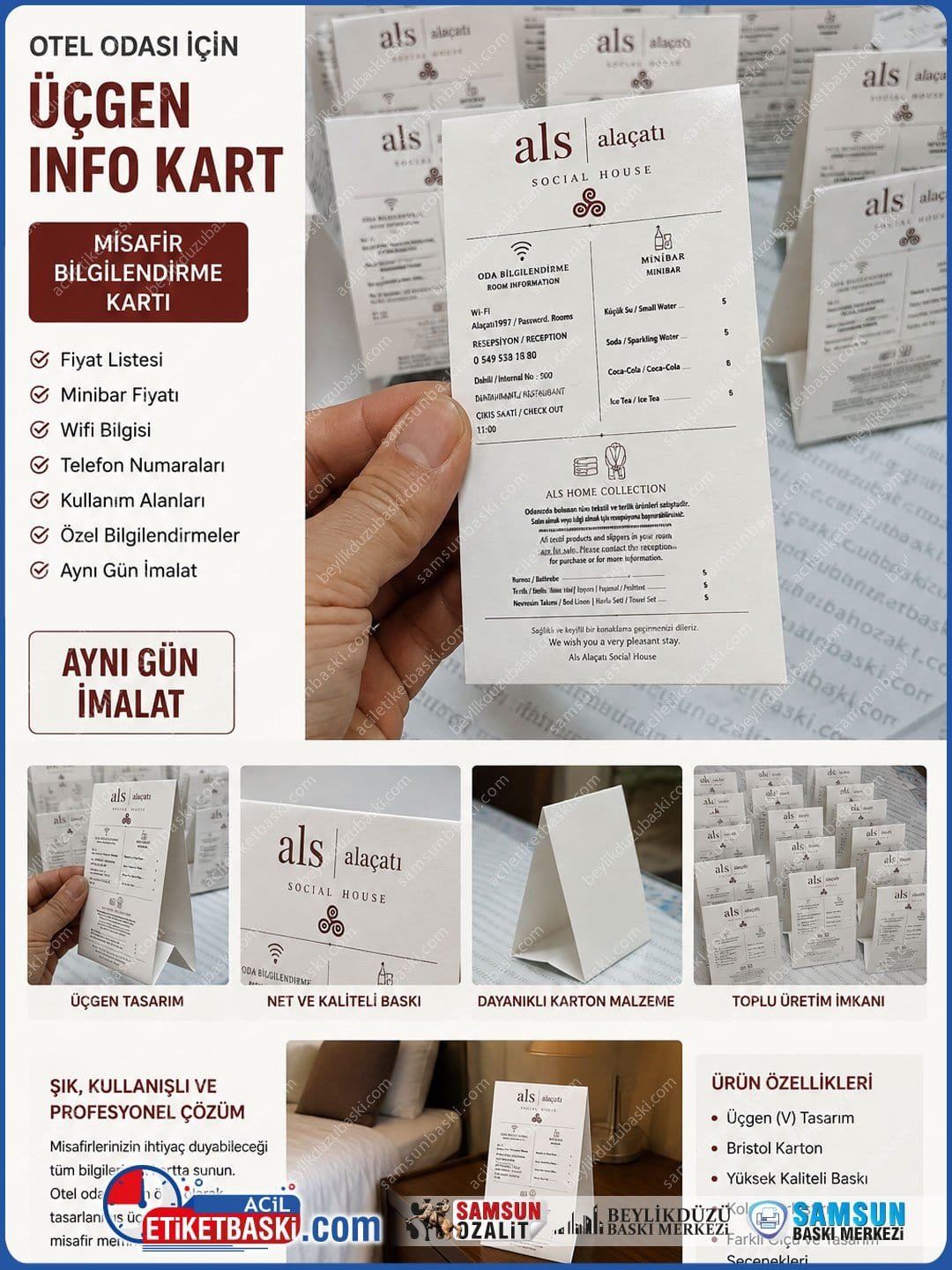 Otel Odası İçin Üçgen Karton İnfo Tabelası Fiyat ve Bilgi Listesi