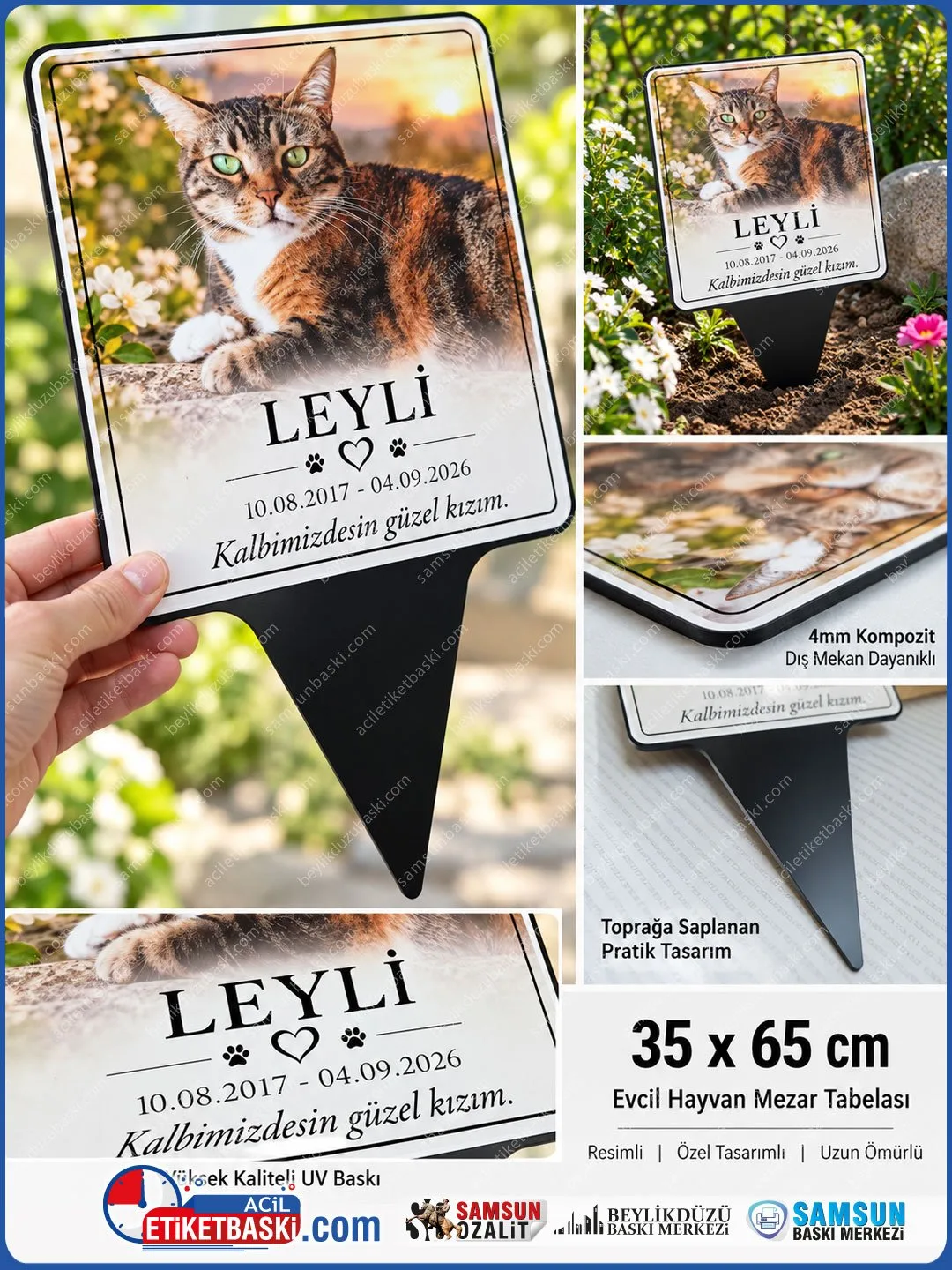 35x65 cm Resimli Evcil Hayvan Mezar Tabelası (Toprağa Saplanan Başlık)