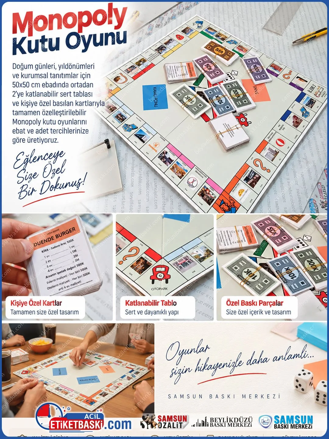 Kişiye Özel 50x50 cm Katlanabilir Monopoly Oyun Tablası ve Kart Baskısı