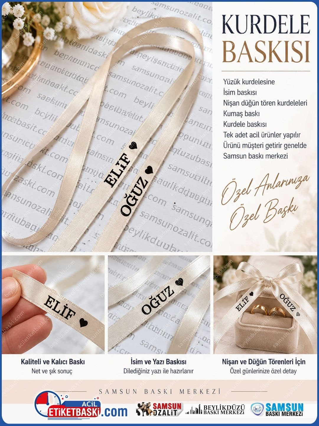 Kişiye Özel Yüzük ve Nişan Kurdelesi İsim Baskısı (Kumaş Baskı)