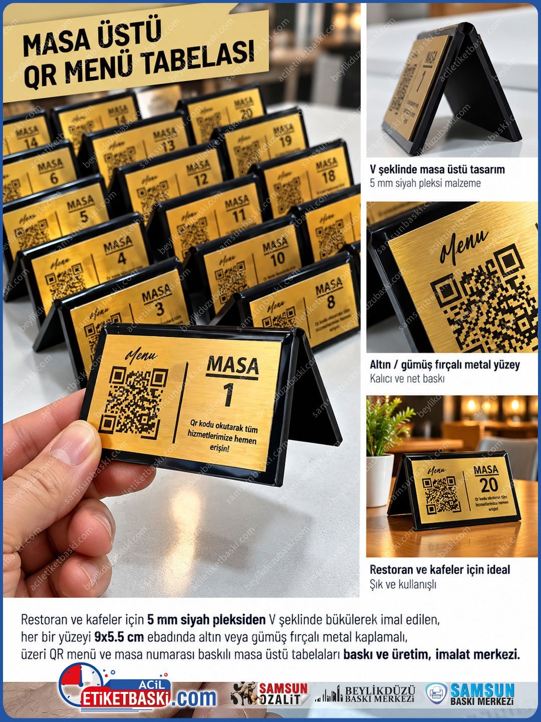 5 mm Siyah Pleksi Üçgen (V Büküm) Fırçalı Metal Masa Numarası ve QR Menü Tabelası