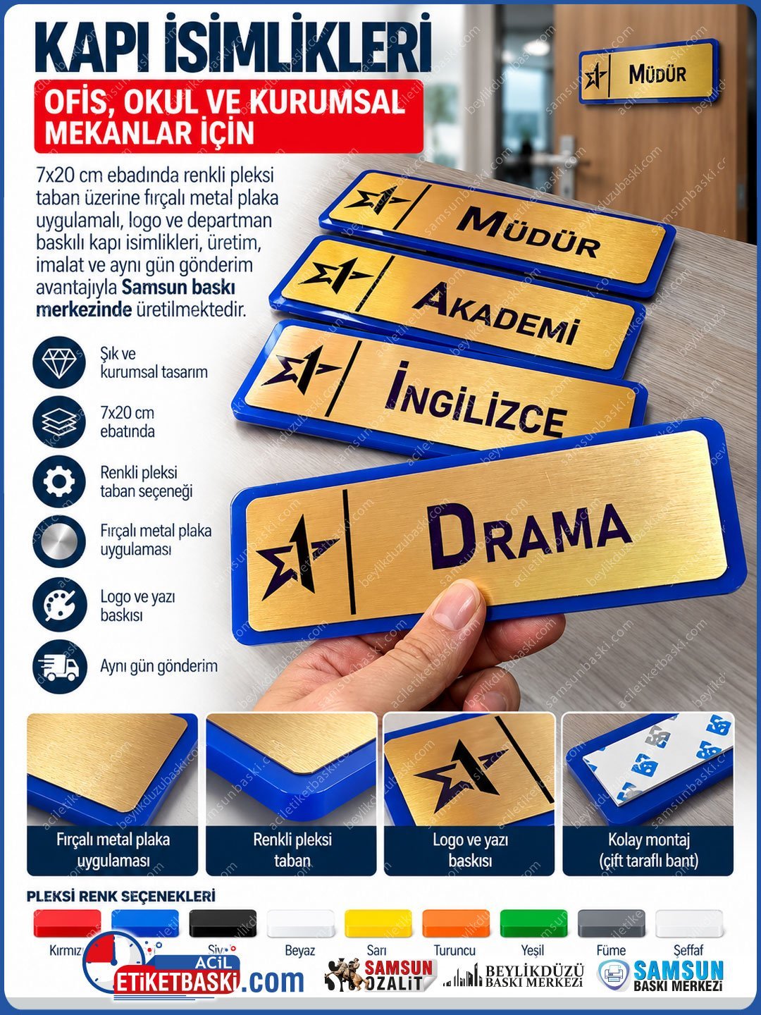 7x20 cm Pleksi Tabanlı Metal Standart ve Makam Kapı İsimliği