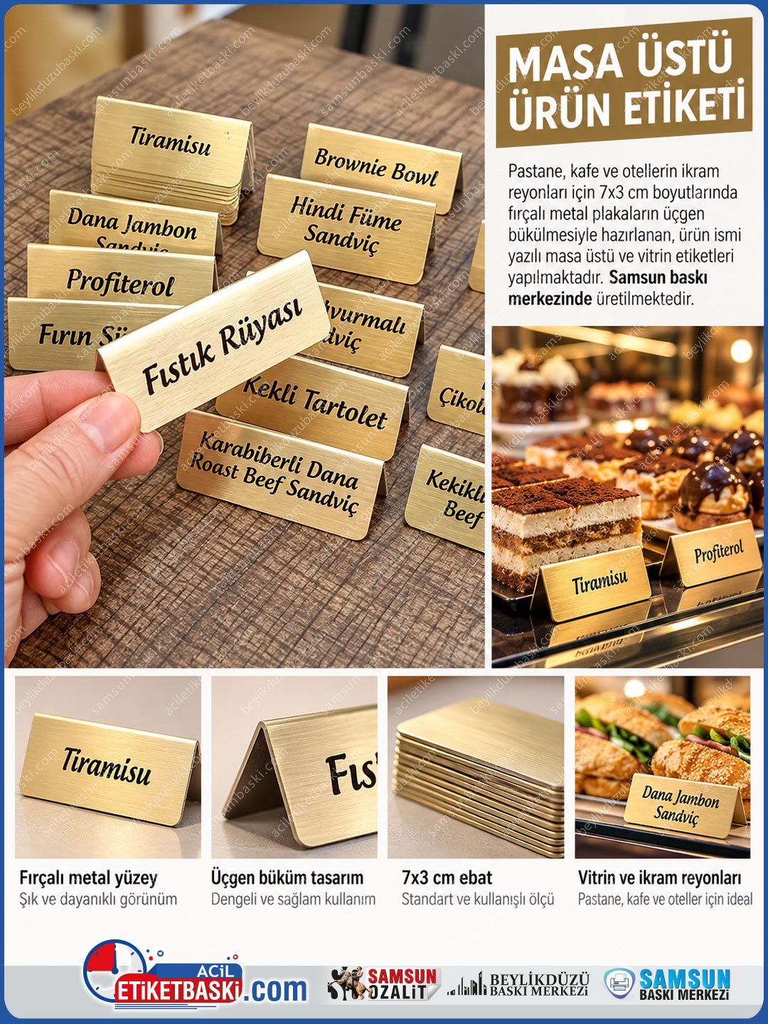 7x3 cm Üçgen Büküm Fırçalı Metal Masa Üstü Etiket ve İsimlik Panosu